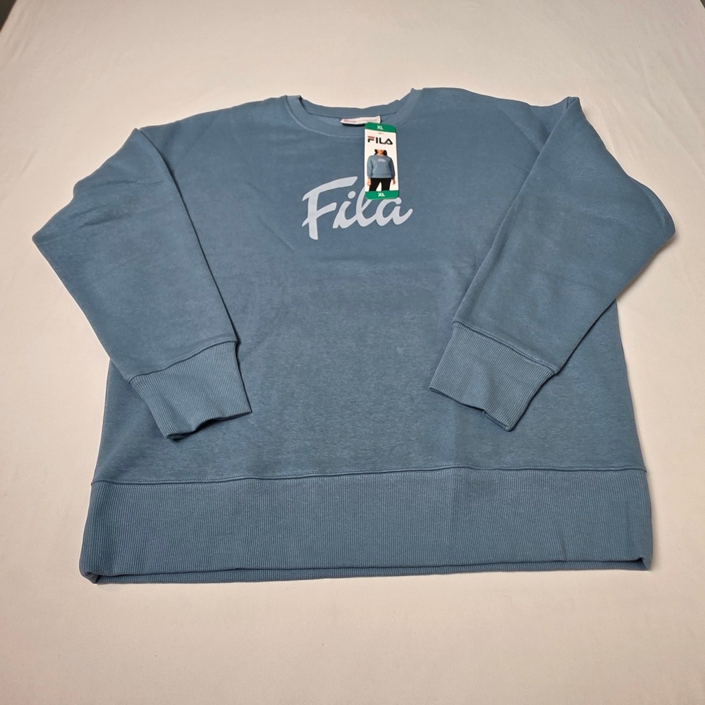 FILA Sweatshirt Women XL‎ Blue Script Logo Crew Neck Fleece Pullover New